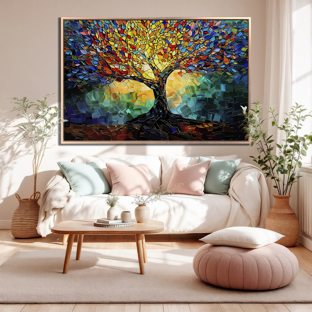 Framed Wall Art: Colorful mosaic tree artwork in warm tones. Modern decor with vibrant reds, yellows, and blues. Perfect for living room or bedroom.