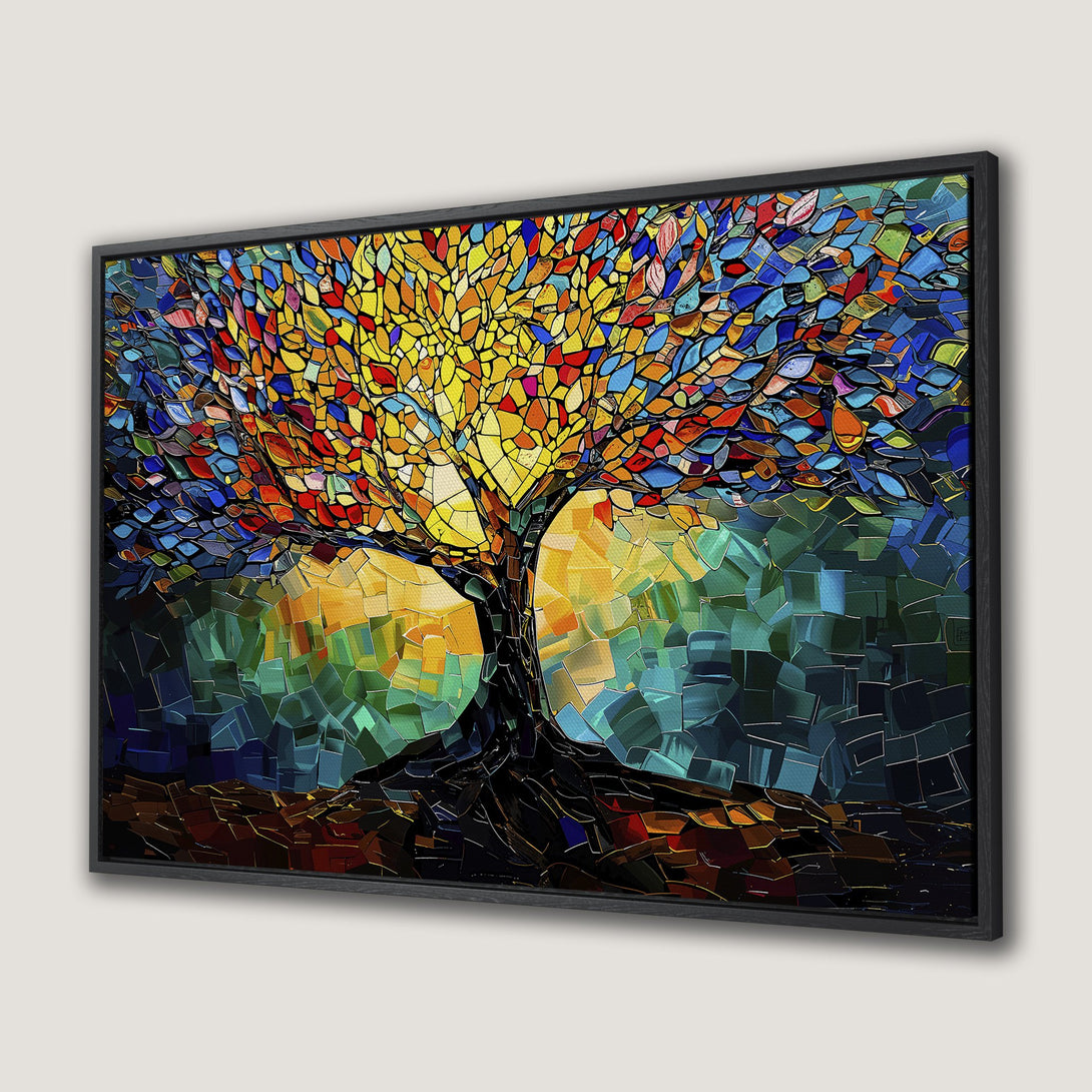 Framed Wall Art: Abstract tree painting with vibrant mosaic style and a warm, colorful palette of yellows, reds, blues, and greens. Perfect home decor.
