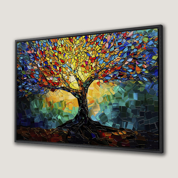 Framed Wall Art: Abstract tree painting with vibrant mosaic style and a warm, colorful palette of yellows, reds, blues, and greens. Perfect home decor.