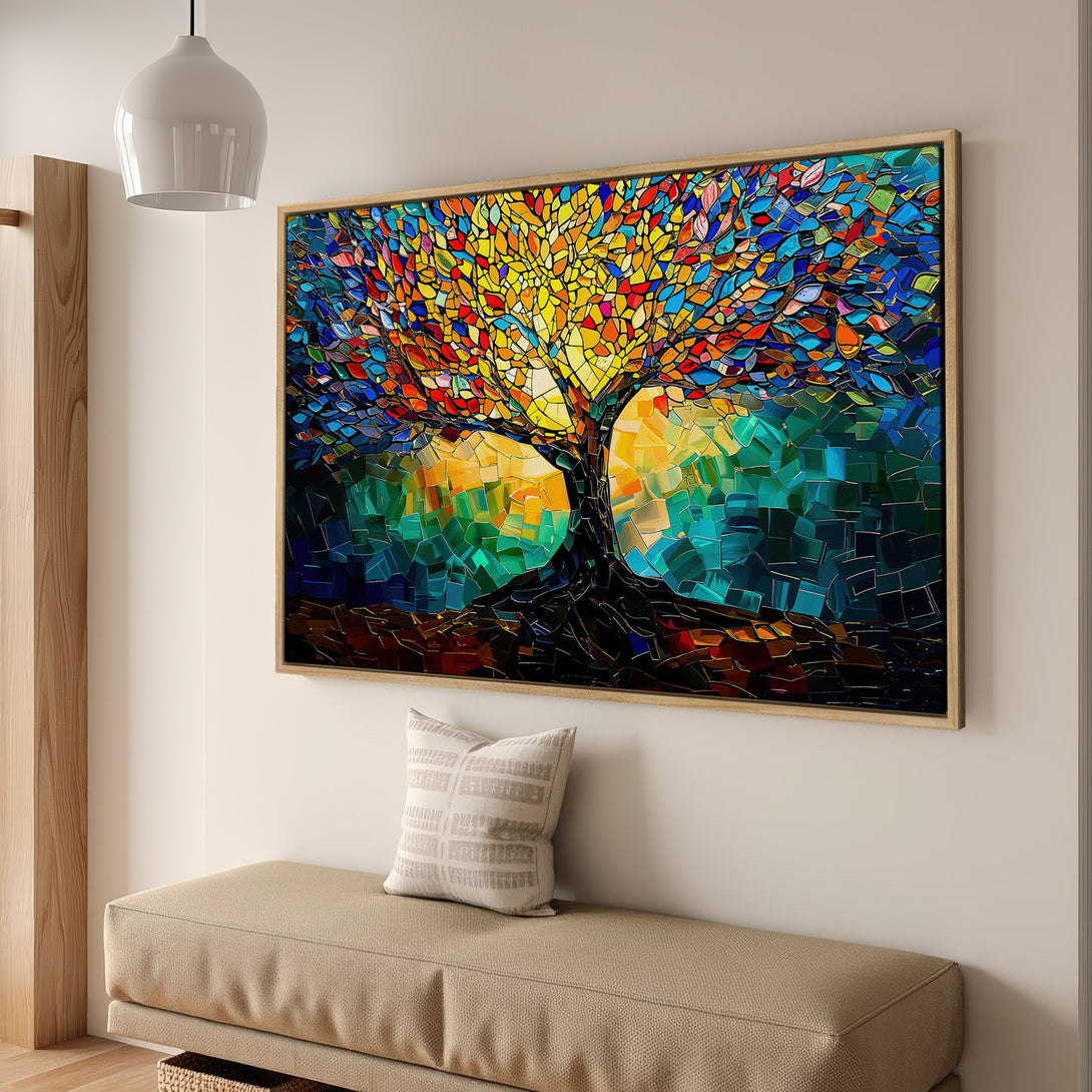 Framed Wall Art: Vibrant mosaic tree canvas print. Colorful abstract art with warm yellows, blues, and greens. Perfect for modern home decor.