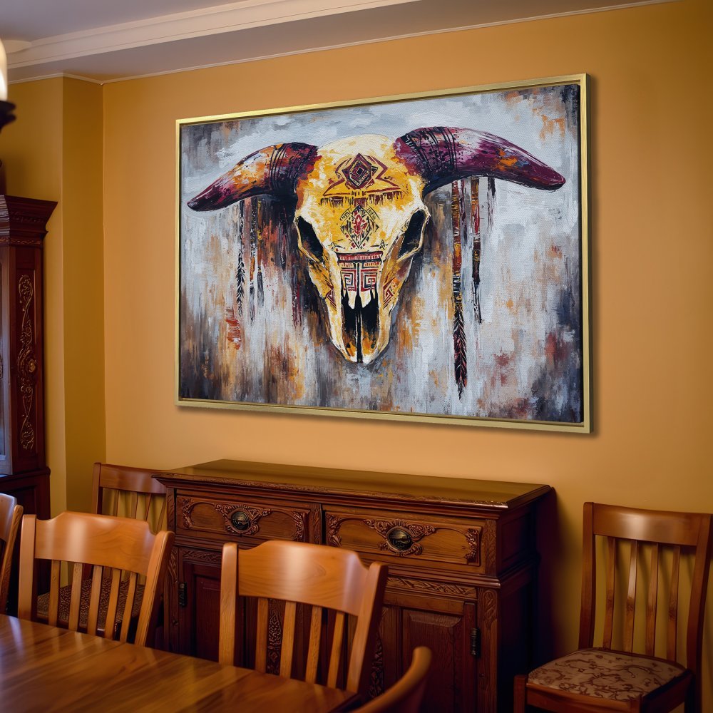 Canvas Print: Southwestern-style bull skull art in warm earth tones. Perfect wall decor for a modern living room.
