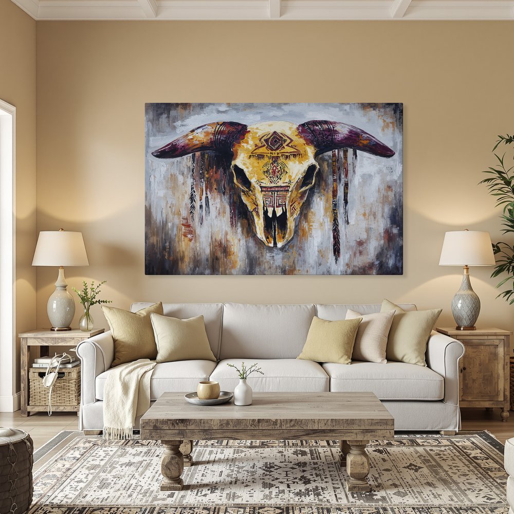 Framed Wall Art: Southwestern-style canvas print of a decorated bull skull. Warm, earthy tones of gold, brown, and red. Perfect for rustic decor.