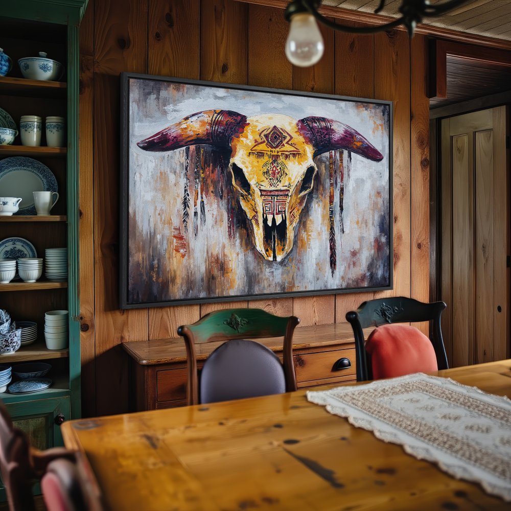Framed Wall Art: Boho-chic bull skull canvas print in warm, earthy tones. Elevate your space with this statement piece!
