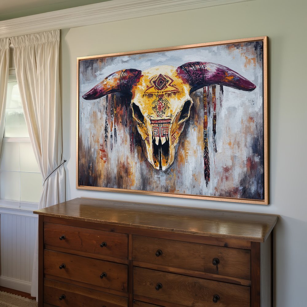 Framed Wall Art: Southwestern-style canvas print featuring a bull skull in a warm, earthy color palette. Perfect for rustic home decor.