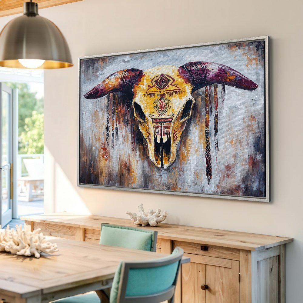 Framed Wall Art: Southwestern-style canvas print featuring a decorated bull skull in warm, earthy tones. Perfect for adding a unique touch to any space!