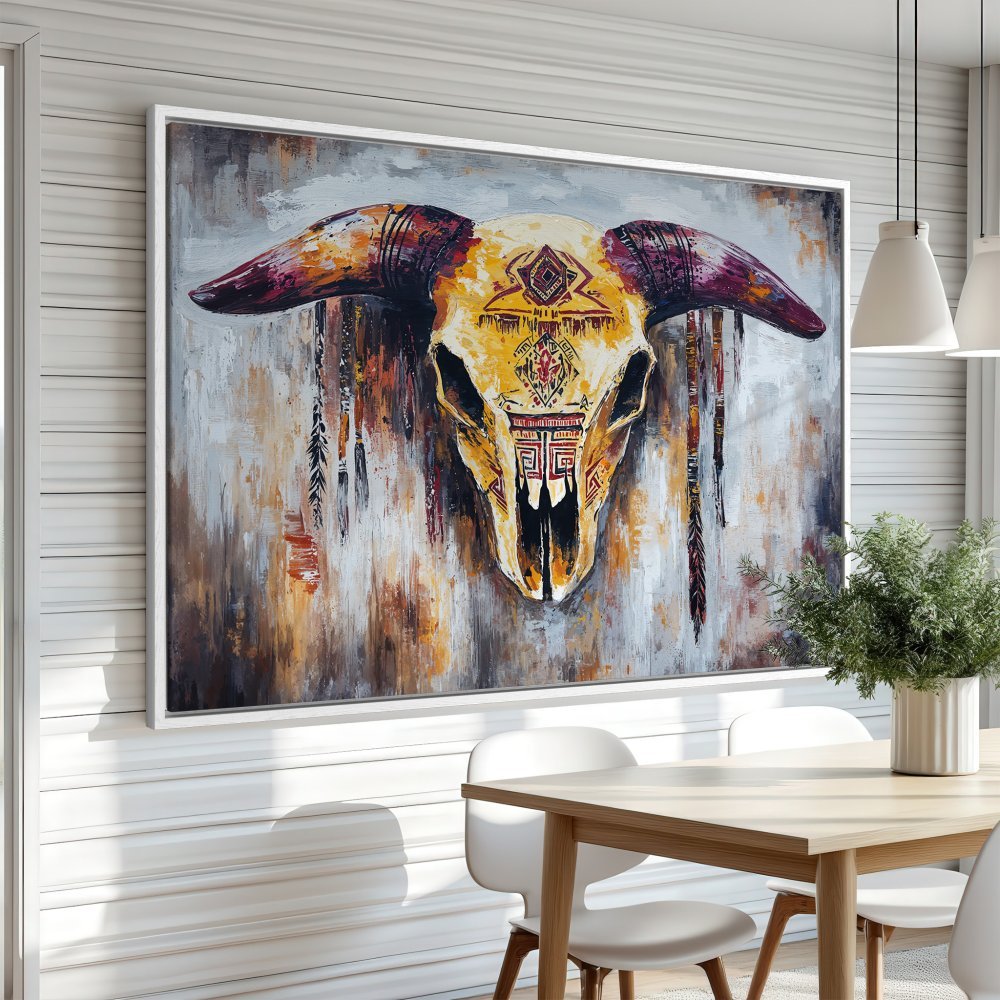Framed Wall Art: Stunning abstract canvas print of a bull skull in warm yellow, orange, and gray tones. Perfect for modern boho decor.