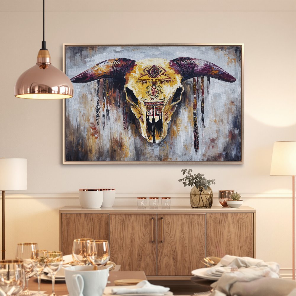 Framed Wall Art: Tribal skull canvas print in warm, earthy tones. Perfect for adding a touch of bohemian style to your home decor.