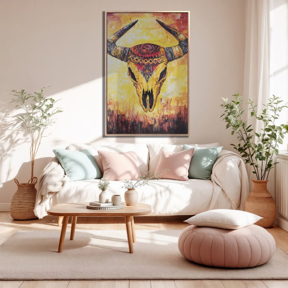 Framed Wall Art: Abstract bull skull on canvas. Warm yellow, red & gold palette. Boho style art for living room decor.
