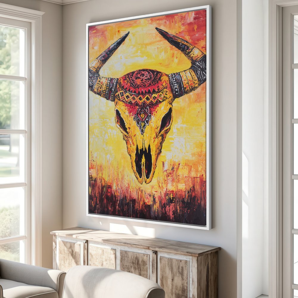 Framed Wall Art: Bold bull skull canvas print with warm yellow and red tones. Add a touch of rustic style to your home decor!