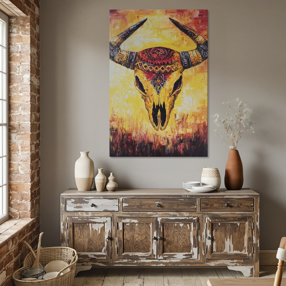 Framed Wall Art: Abstract bull skull canvas print in warm yellow, orange, and red tones. Perfect for adding a bold statement to your dining room.