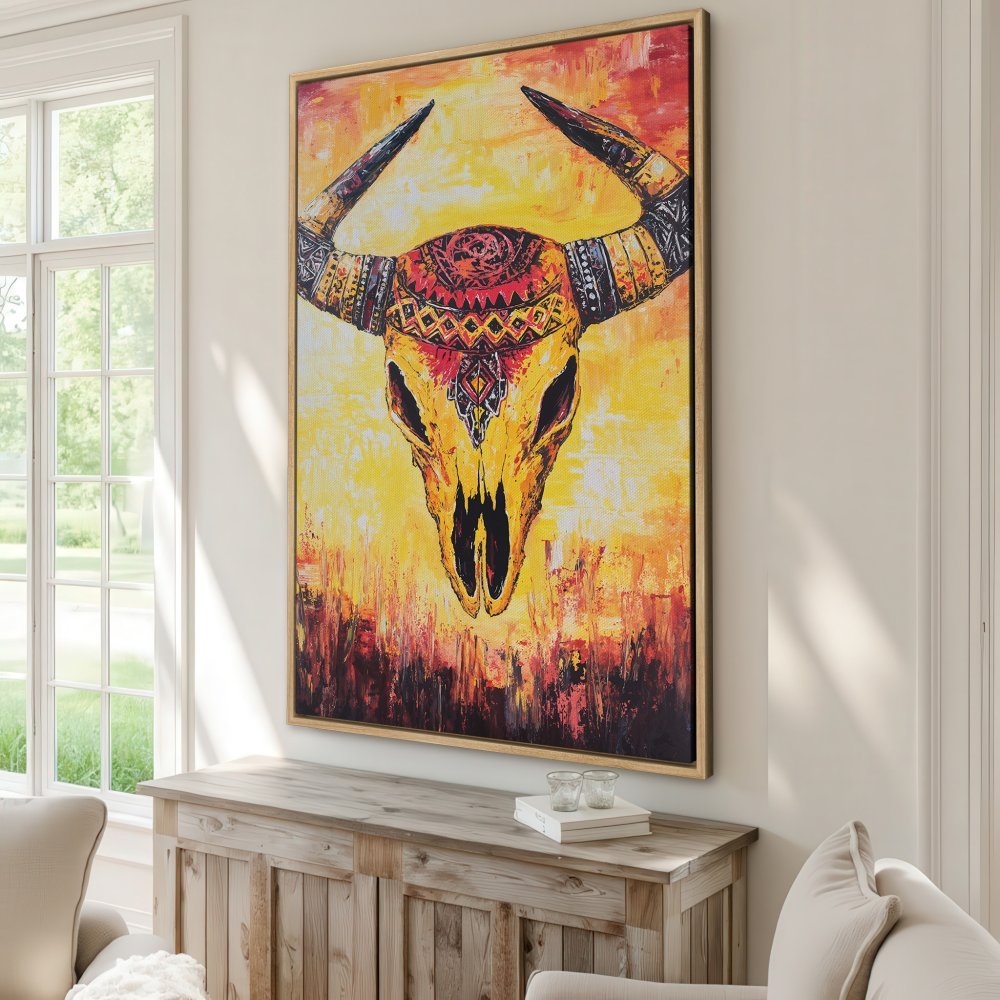 Framed Wall Art: Bold bull skull painting in warm yellow, orange, and red tones. Add a touch of Southwestern style to your space with this canvas print.