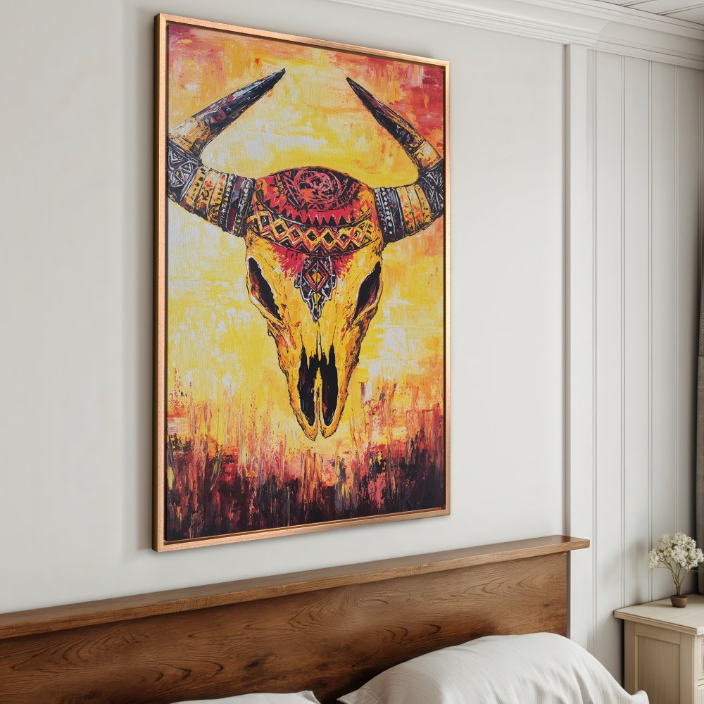 Framed Wall Art: Bold bull skull painting in warm yellow, red, and orange tones. Add a touch of Southwestern style to your home decor with this canvas print.