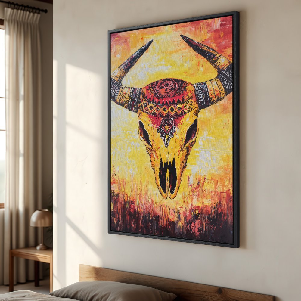 Framed Wall Art: Bold bull skull painting in warm yellow, red, and orange hues. Modern abstract style, perfect for adding a statement piece to your home.