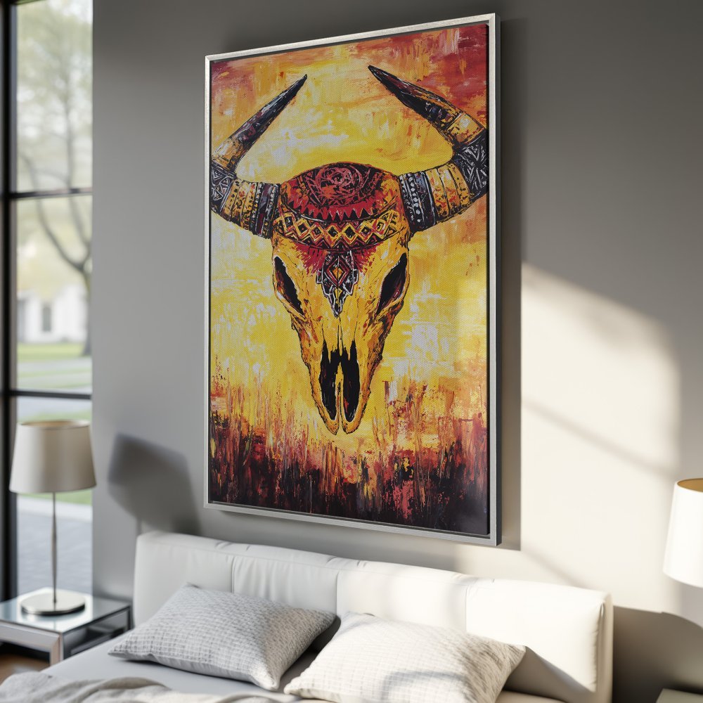 Framed Wall Art: Abstract bull skull painting in warm yellow, red & orange tones. Add a touch of western style to your home decor.