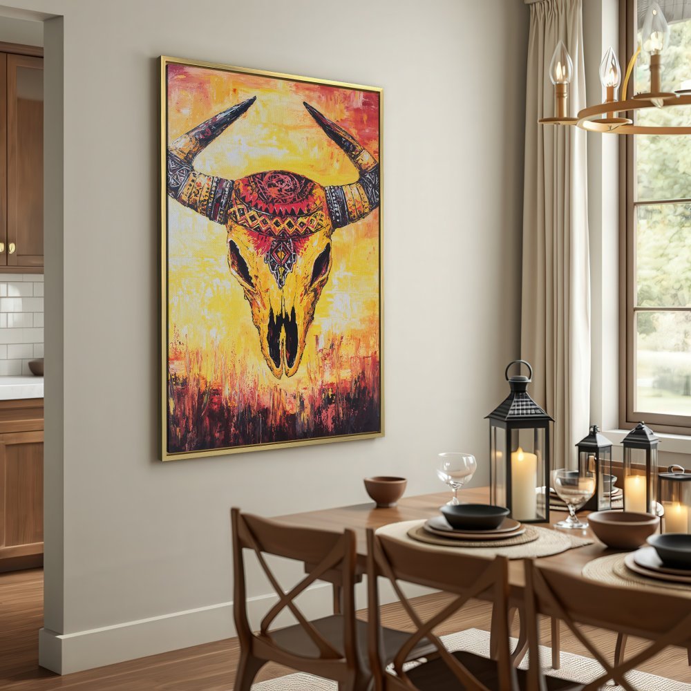 Canvas Print of a tribal bull skull in warm yellow and red tones. Rustic style wall art perfect for home decor.
