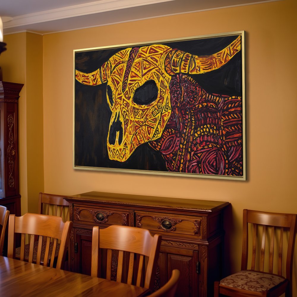 Canvas Print of a bull skull in a tribal style, featuring a warm yellow and red palette. Perfect for modern home decor!
