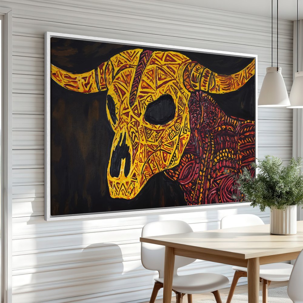 Framed Wall Art: Bold bull skull art print in yellow and red, adding a striking focal point to any room. Shop unique canvas art today!