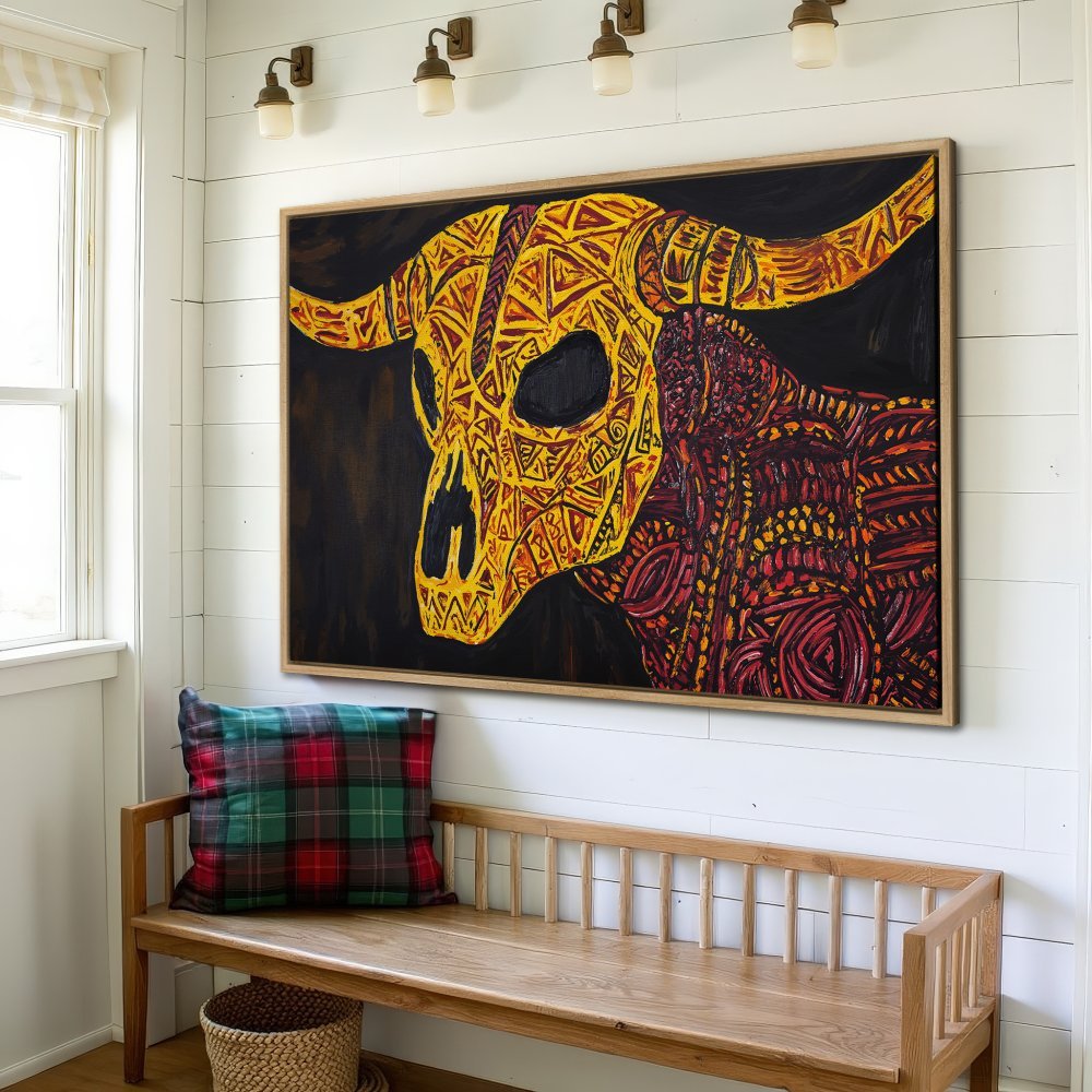 Framed Wall Art: Bold bull skull painting in warm yellow & red tones. Modern abstract art for your home. Shop now!