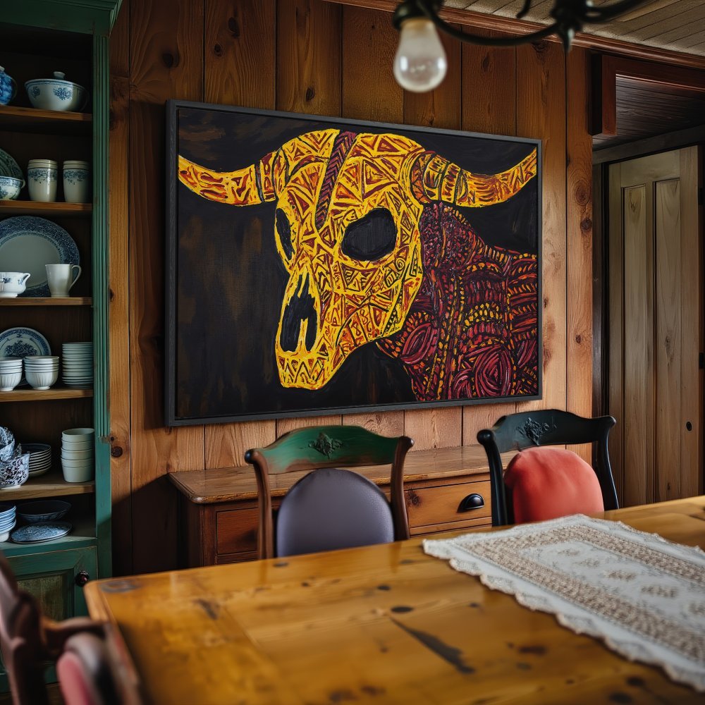 Framed Wall Art: Bold bull skull art in warm yellow & red tones. Rustic style canvas print adds unique character to any space.