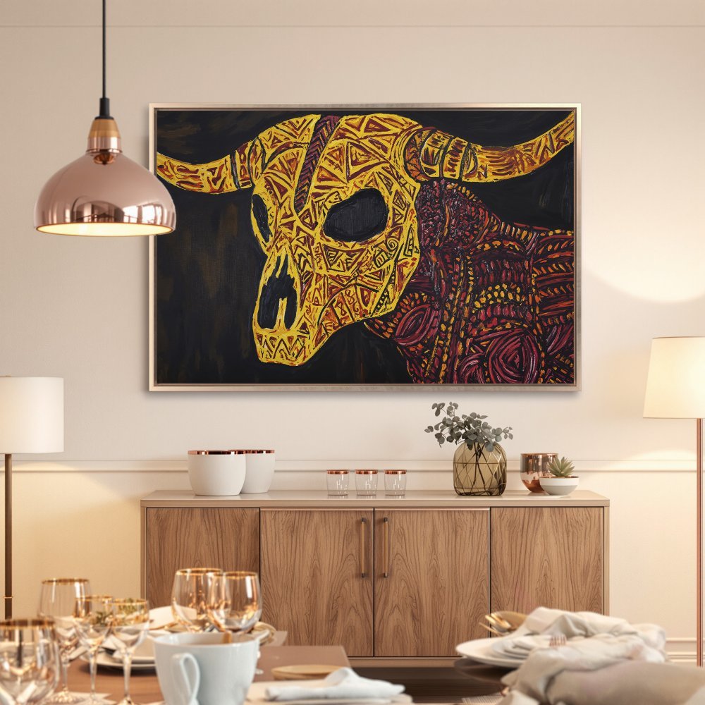 Framed Wall Art: Tribal bull skull canvas print in warm yellow and red tones. Add a unique touch to your home decor!