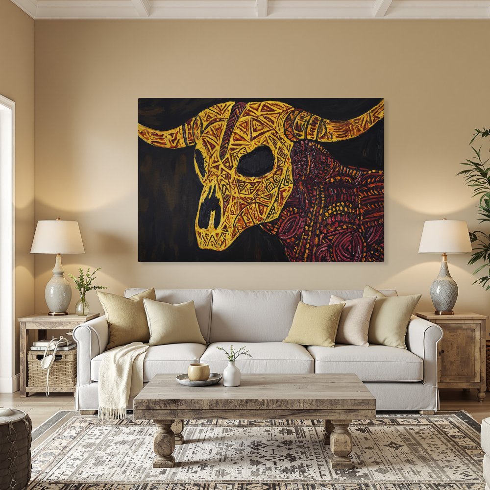 Framed Wall Art: Bold bull skull canvas print in warm yellow, red, and black. Add a touch of tribal art to your dining room!