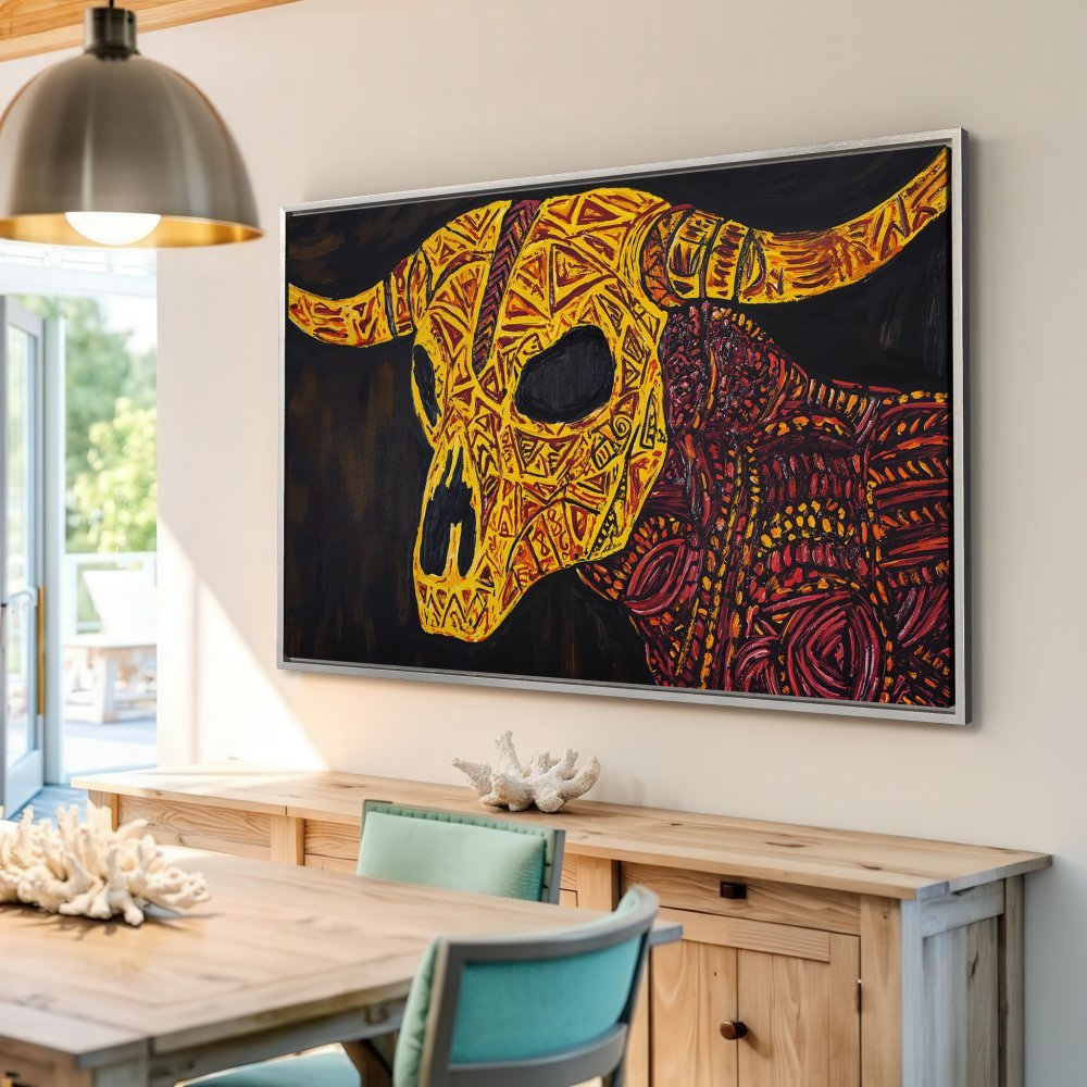 Framed Wall Art: Bold bull skull canvas print in vibrant yellow, red, and black. Modern tribal art for a stylish home.