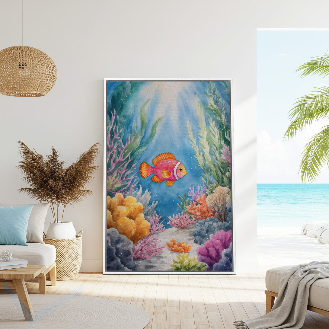 Framed Wall Art: Watercolor clownfish in vibrant coral reef scene. Coastal decor with blue, pink, orange, and green palette. Bring the ocean to your home!