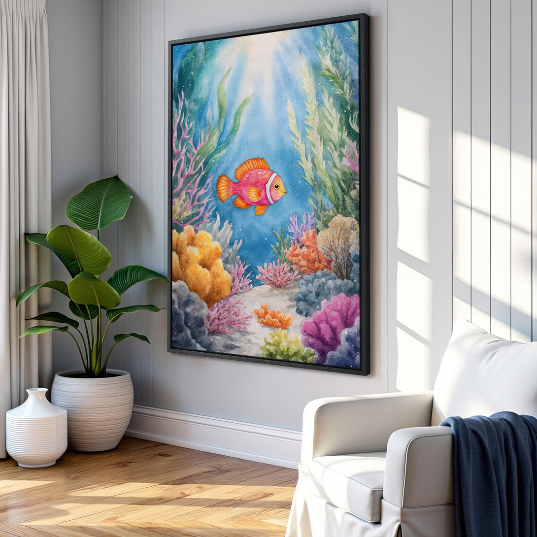 Framed Wall Art: Watercolor clownfish in coral reef. Blue, pink, and orange palette. Perfect for coastal decor. Bring the ocean home!