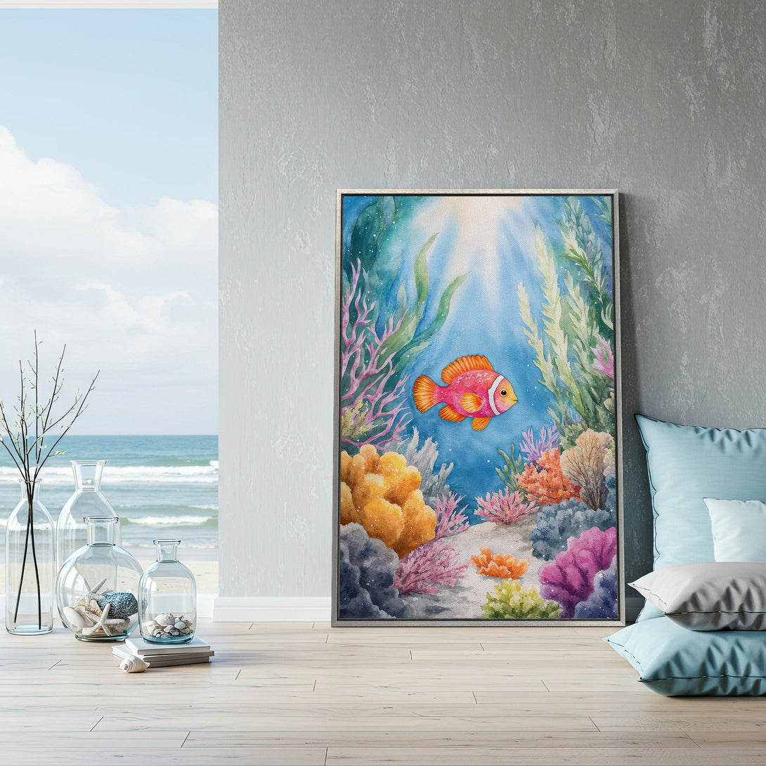 Framed Wall Art: Watercolor clownfish painting in vibrant blues, corals, and oranges. Coastal decor for a serene, beachy vibe.