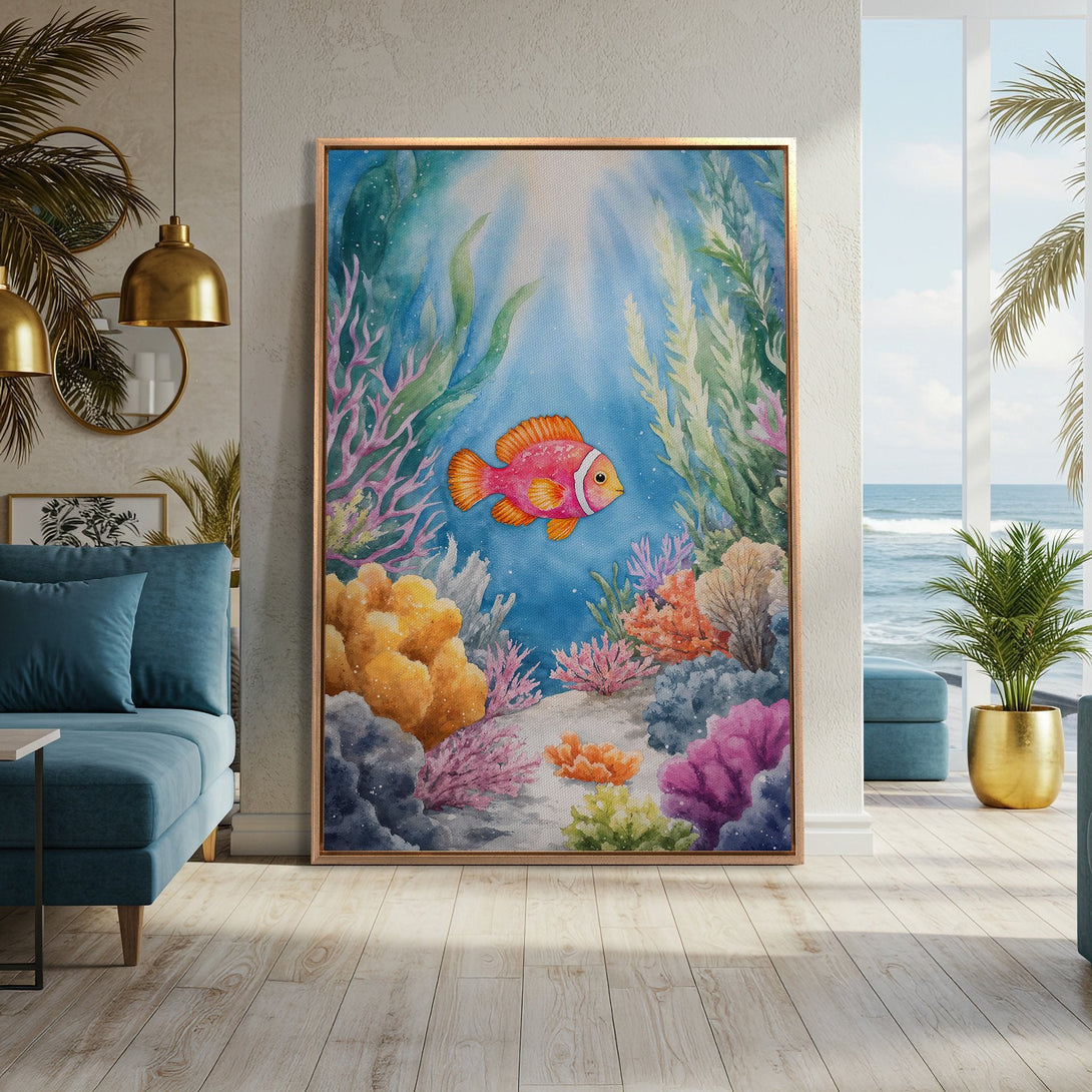 Framed Wall Art: Watercolor painting of a vibrant coral reef with a colorful fish. Coastal style art with a blue, pink, and orange palette. Perfect for beach decor.