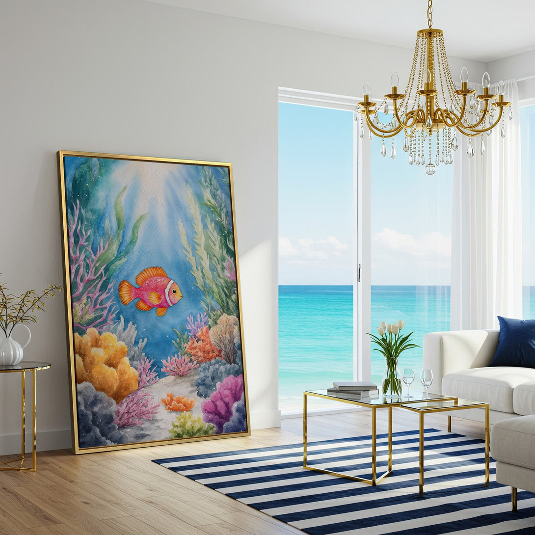 Canvas Print of a colorful watercolor underwater scene with a clownfish. Coastal decor in blue, pink, and orange hues. Perfect for a living room!