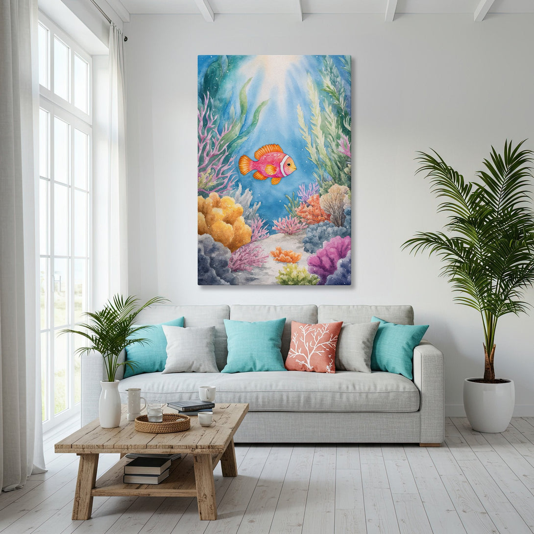 Framed Wall Art: Watercolor coral reef scene with a vibrant fish. Coastal decor in blue, orange, and pink tones. Perfect for a beach house aesthetic.