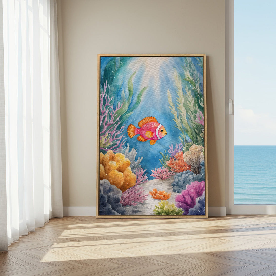Framed Wall Art: Watercolor clownfish in vibrant coral reef scene. Blue, pink, orange, and green palette. Adds a splash of color to any room.
