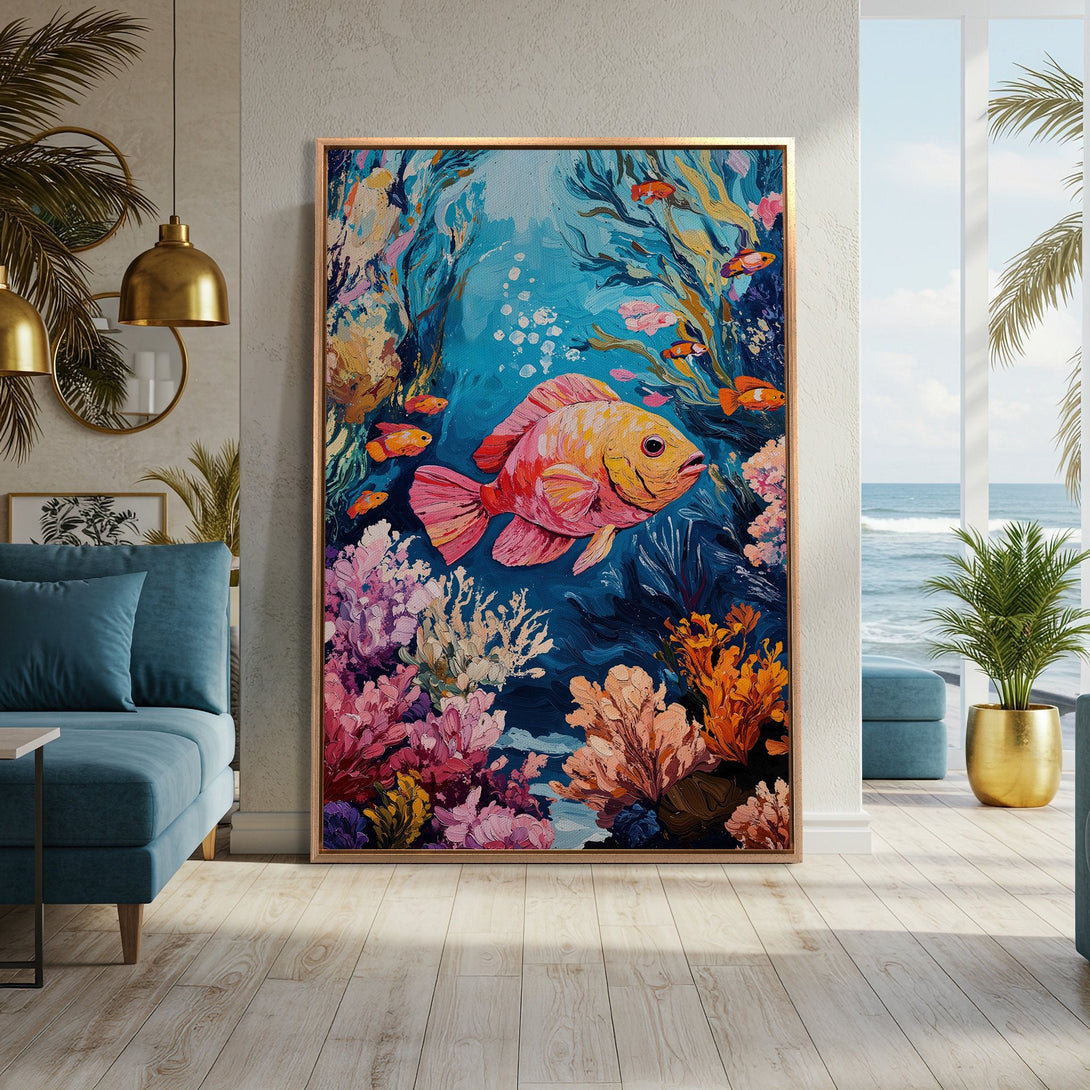 Framed Wall Art: Vibrant underwater scene with a fish in a colorful, impressionistic style. Featuring a blue, pink, and orange palette, perfect for coastal decor.