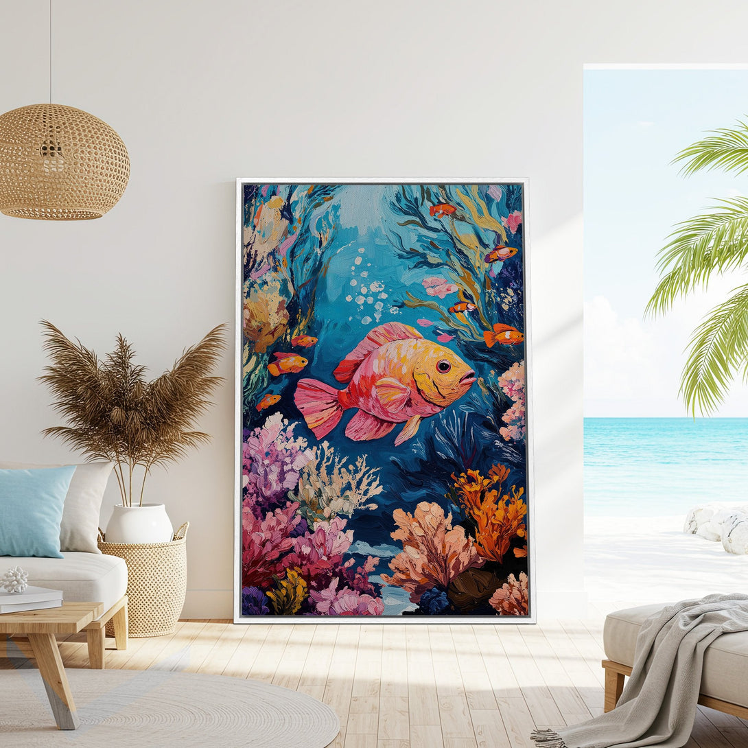 Framed Wall Art: Vibrant fish painting in a coastal interior. Impressionistic style, featuring a coral reef scene with blue, orange, and pink hues.