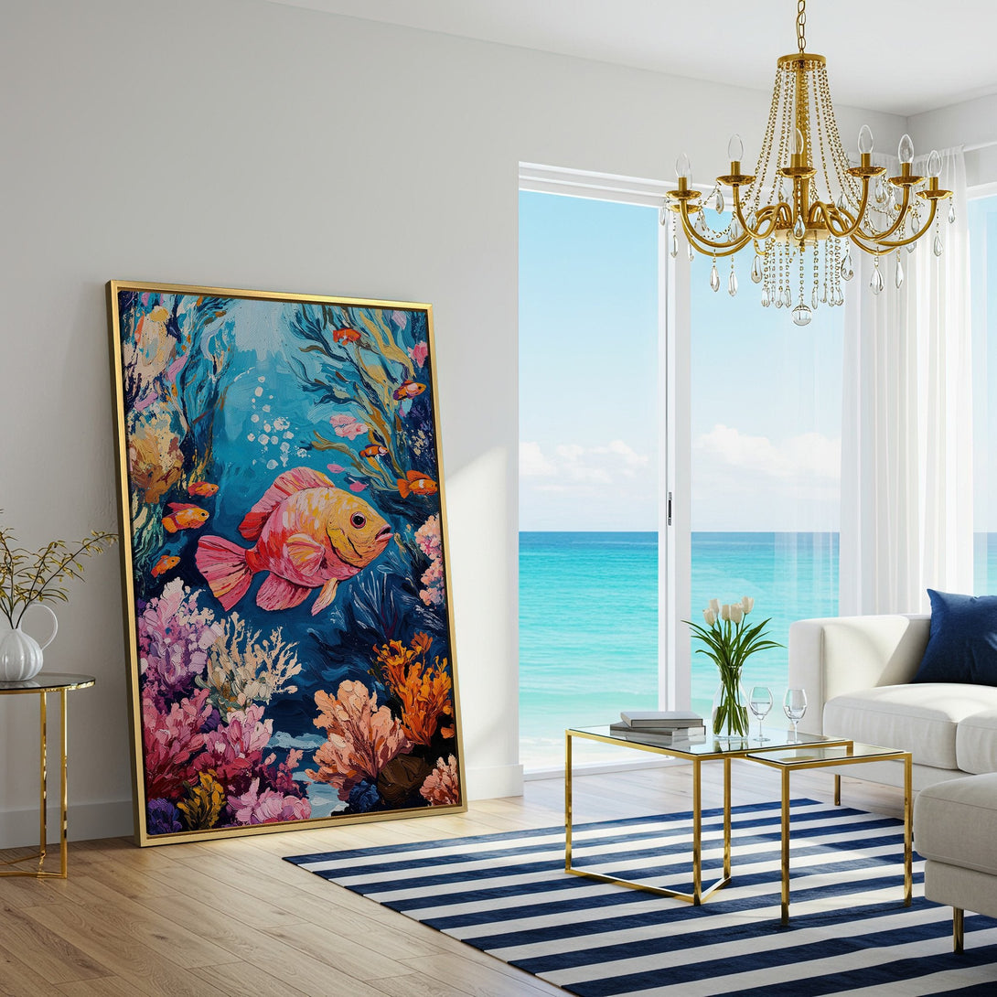 Vibrant Canvas Print of an underwater scene with a colorful fish. Adds a pop of color with a blue, pink, and orange palette. Perfect wall art for any room!