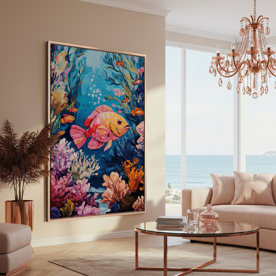 Framed Wall Art: Vibrant underwater scene Canvas Print. Featuring a colorful fish, coral, and a blue/pink/orange palette. Perfect for coastal decor!