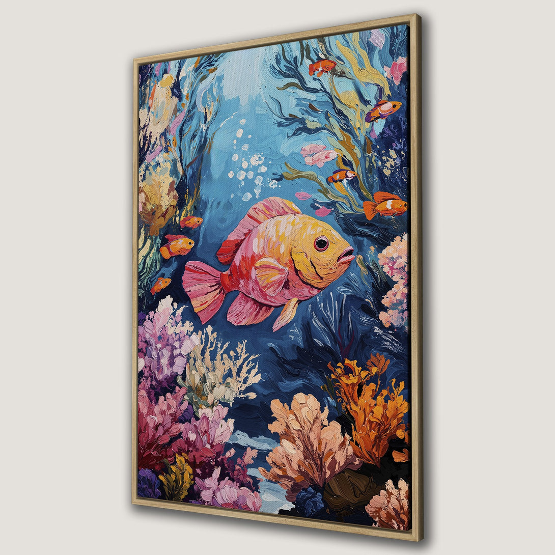 Framed Wall Art: Vibrant underwater scene with a large fish, coral, and sea life. Impressionistic style, blue and orange color palette. Perfect for coastal decor.