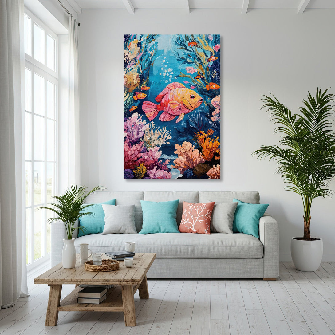 Framed Wall Art featuring a vibrant fish painting in a coastal living room. Colorful artwork with blues, pinks, and oranges. Perfect for beach house decor.