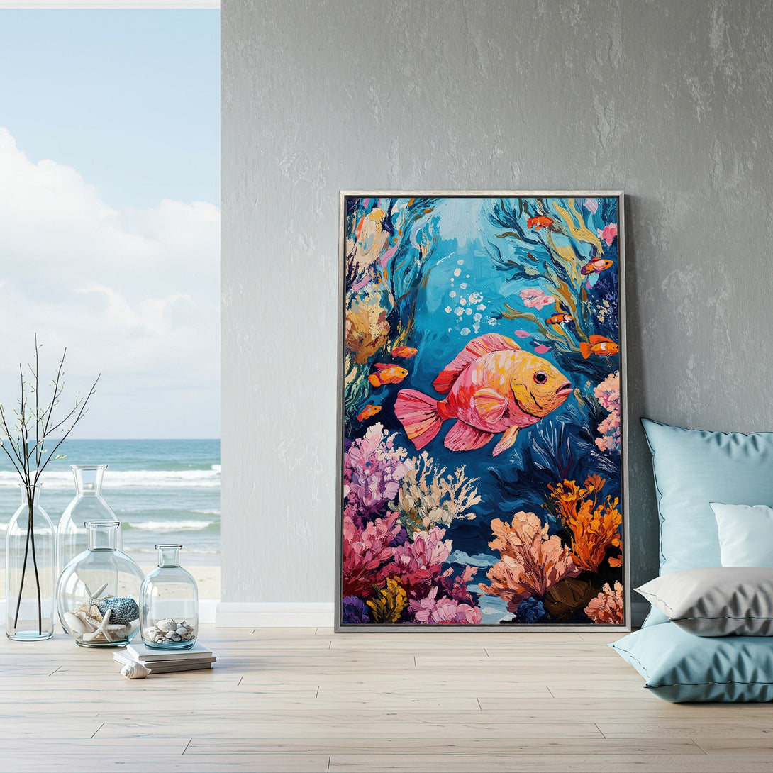 Framed Wall Art: Vibrant impressionist fish painting in a blue, pink, and orange palette, perfect for coastal decor. Shop now for unique art!