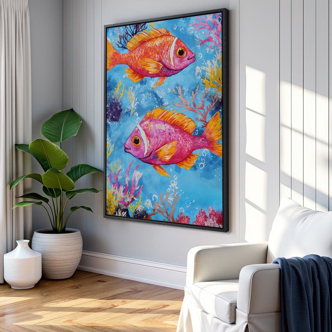 Framed Wall Art: Vibrant fish painting in a coastal style. Features a blue background with coral and colorful fish in a bright, warm color palette. Perfect for home decor.