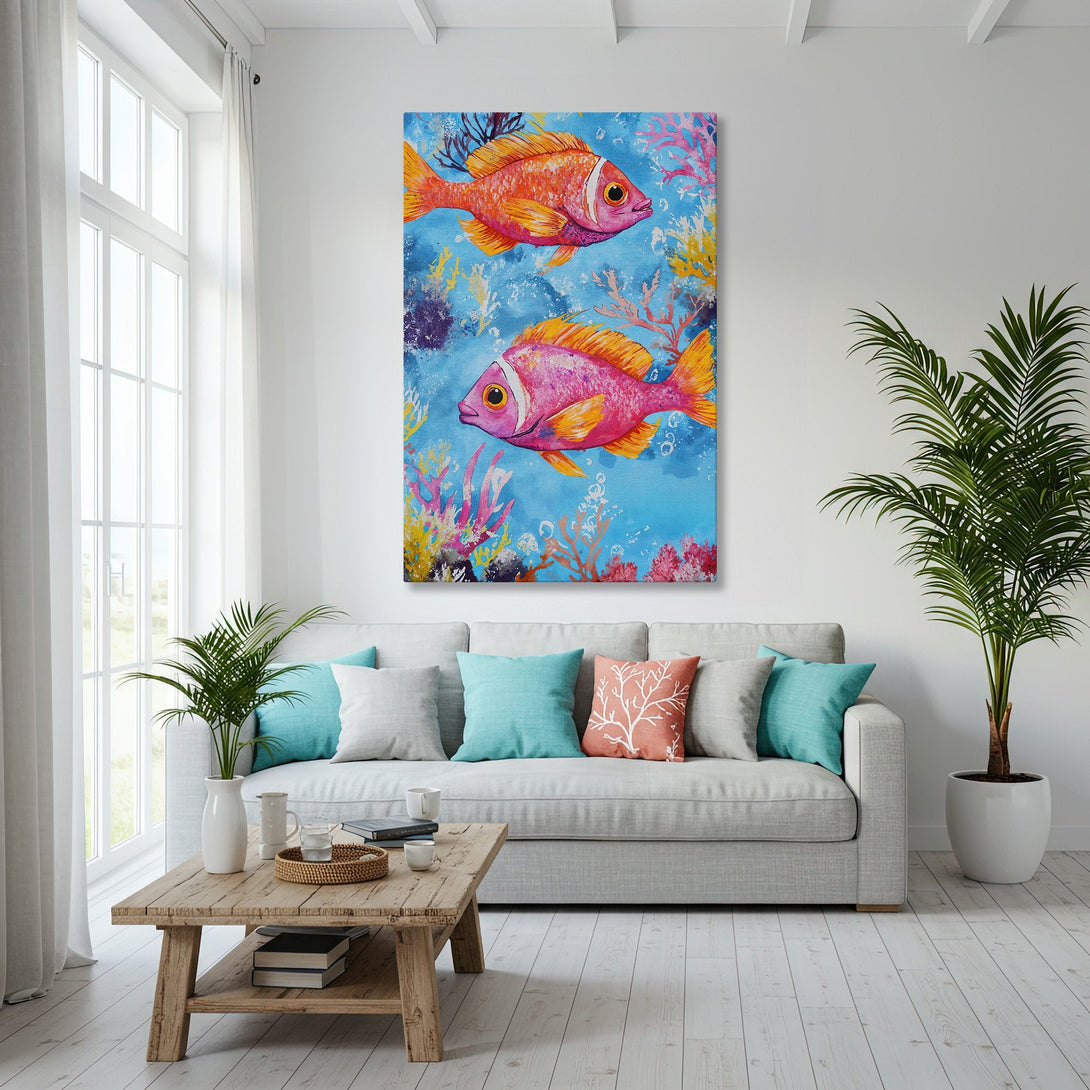 Framed Wall Art featuring colorful fish on a blue background, displayed in a bright, coastal-themed living room. Adds a pop of color to any space!