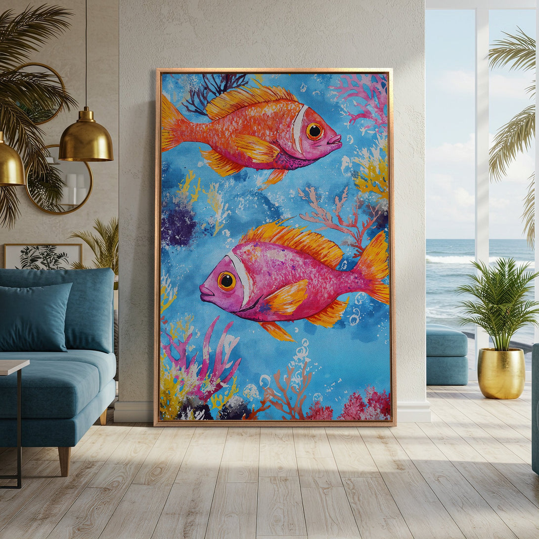 Framed Wall Art featuring vibrant watercolor fish against a blue background. Colorful, ocean-themed artwork with pink, orange, and yellow hues. Perfect for coastal decor.