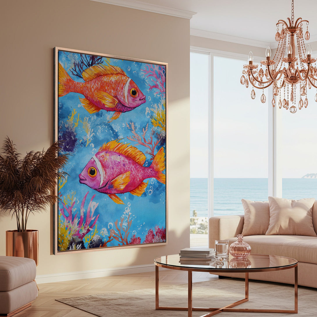 Framed Wall Art featuring vibrant fish painting in a coastal interior. Bright blues, oranges, and pinks create a stunning focal point for any room.