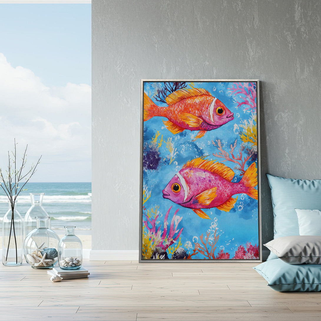 Framed Wall Art featuring vibrant fish art with a blue, pink, and orange palette. Perfect for coastal decor!