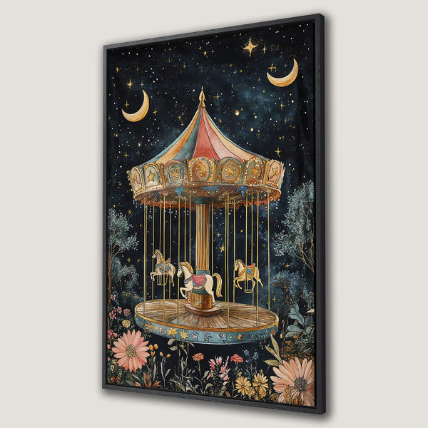 Framed Wall Art: Whimsical carousel art print with a dreamy night sky, featuring a vintage style and a rich, dark blue and gold color palette.