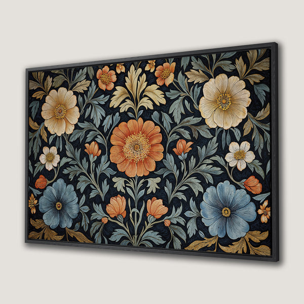 Framed Wall Art featuring a floral pattern in a vintage style with a dark blue, orange, and gold color palette. Perfect for adding elegance!