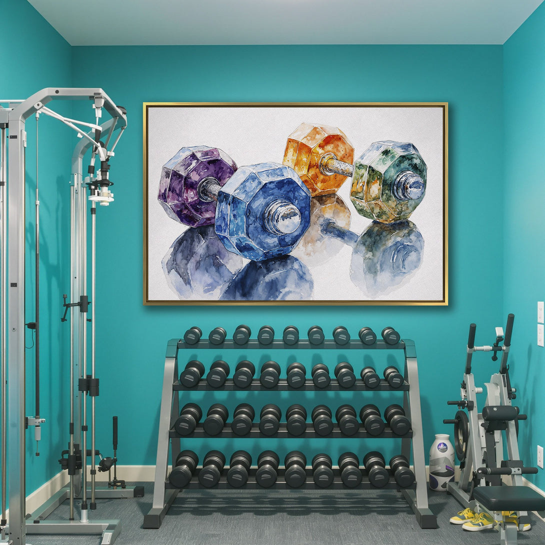 Canvas Print featuring watercolor dumbbells in vibrant purple, blue, orange, and green. Modern wall art for home gyms and fitness spaces.