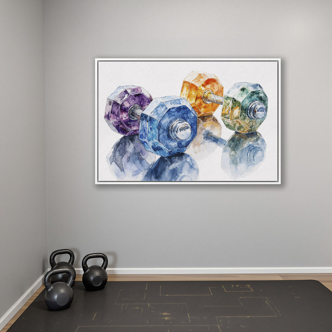 Framed Wall Art: Watercolor dumbbells in vibrant jewel tones. Modern art for home gym decor. Canvas Print with colorful, reflective artwork.