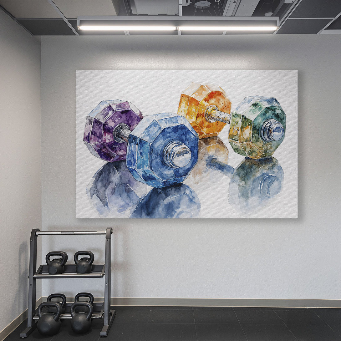 Framed Wall Art: Watercolor dumbbells in a gym. Vibrant, colorful print with purple, blue, orange, and green hues. Perfect for fitness enthusiasts.